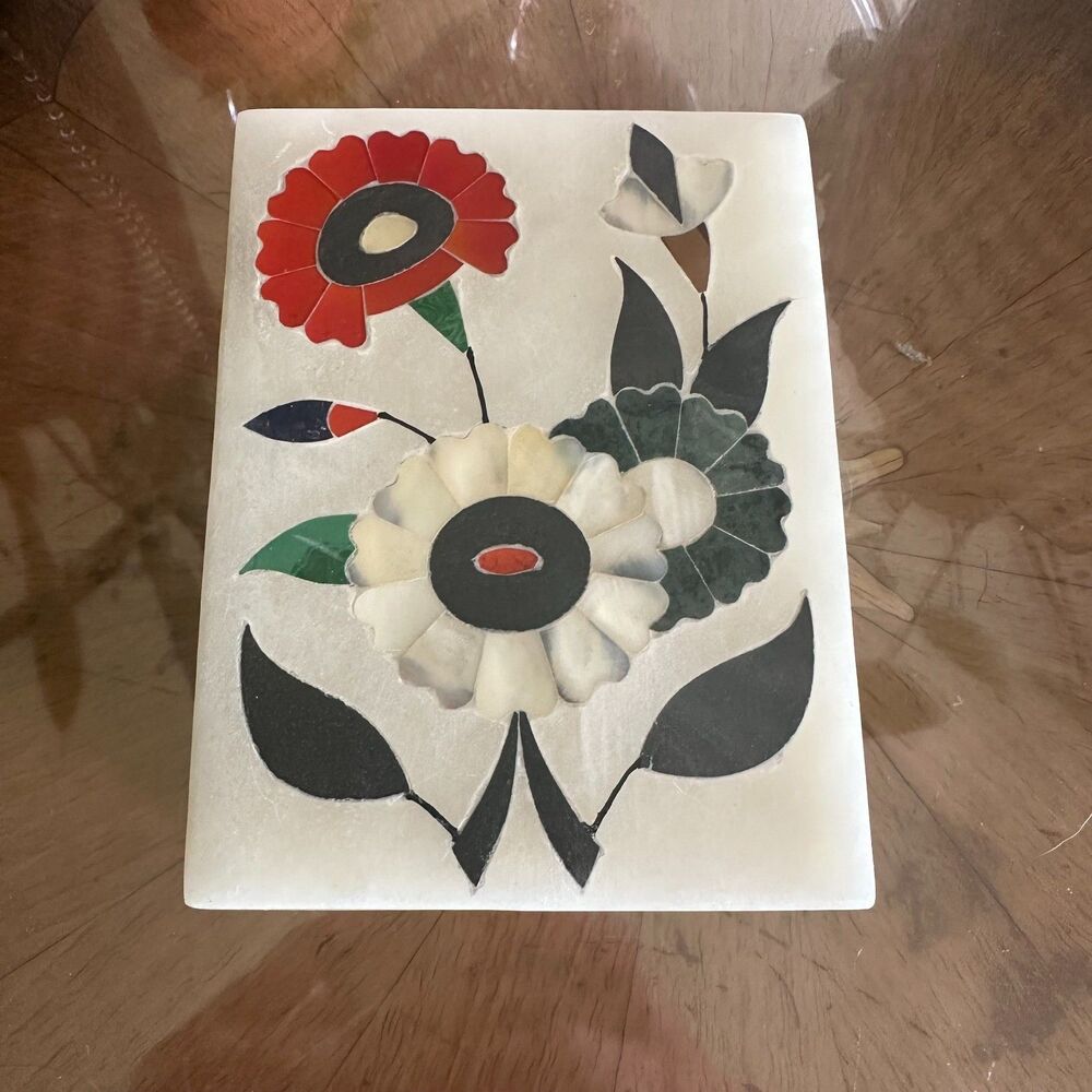 Vintage Handmade Pietra Dura Carved Alabaster & Semi-Precious Stone Trinket Box